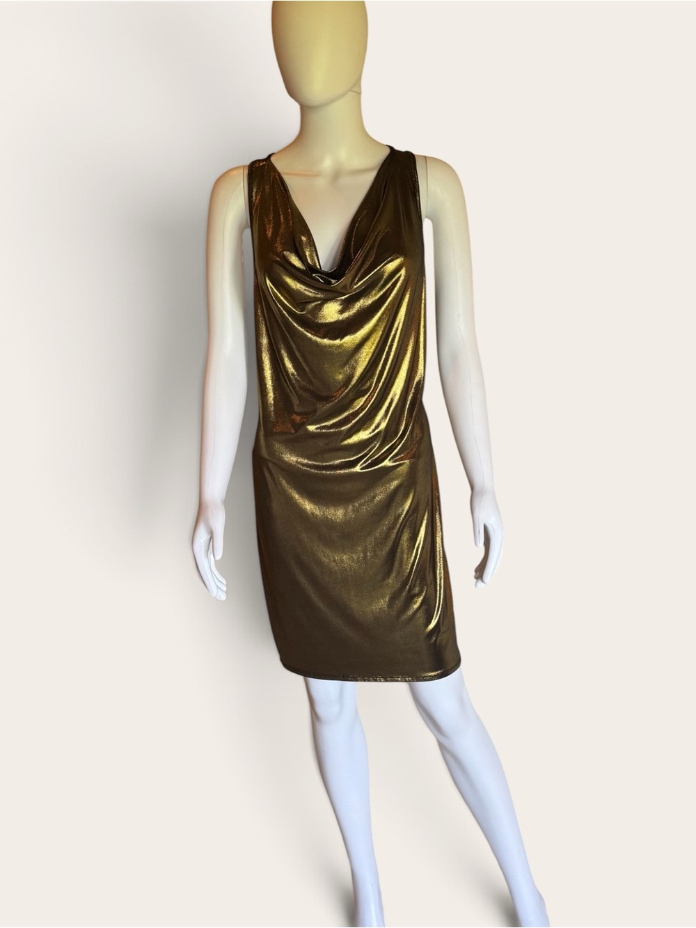 Metallic Gold Cowl-Neck Midi Dress